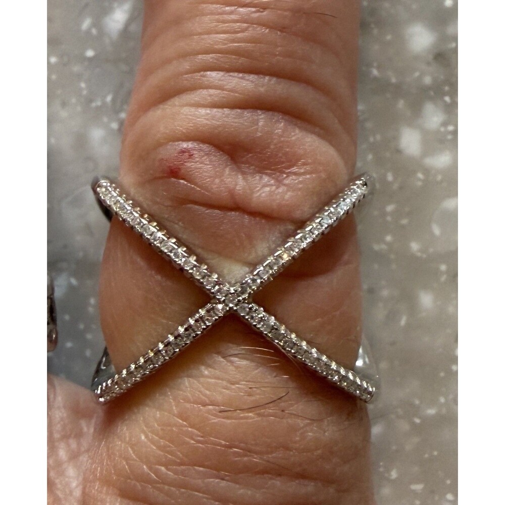 925 Sterling Silver CZ Criss Cross X Ring Pave Band Statement Ring Size